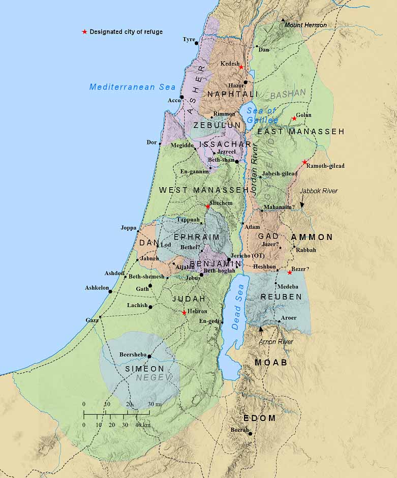 Map of Israel’s tribal allotments showing Judah, Simeon, Benjamin, Ephraim, West Manasseh, Issachar, Zebulun, Asher, Naphtali, Dan, Reuben, Gad, East Manasseh, and the cities of refuge.