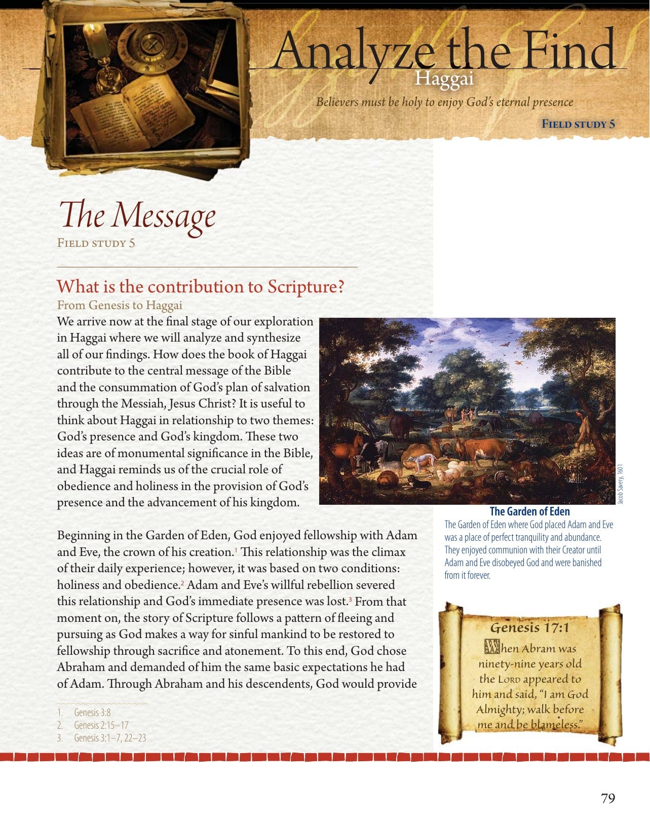 Field Notes analysis page connecting Haggai to the Garden of Eden and the message of Scripture
