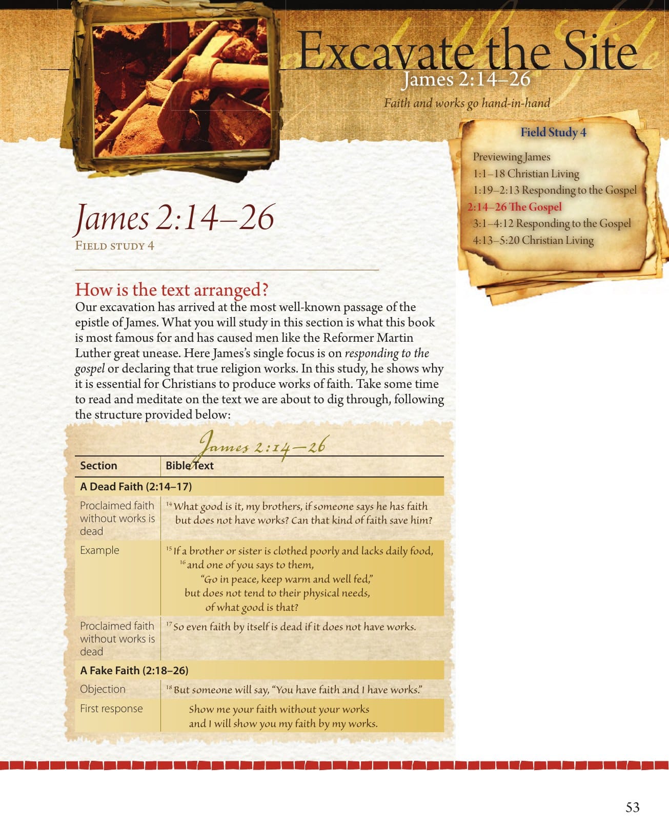 Field Notes excavation pages for James 2 about faith and works