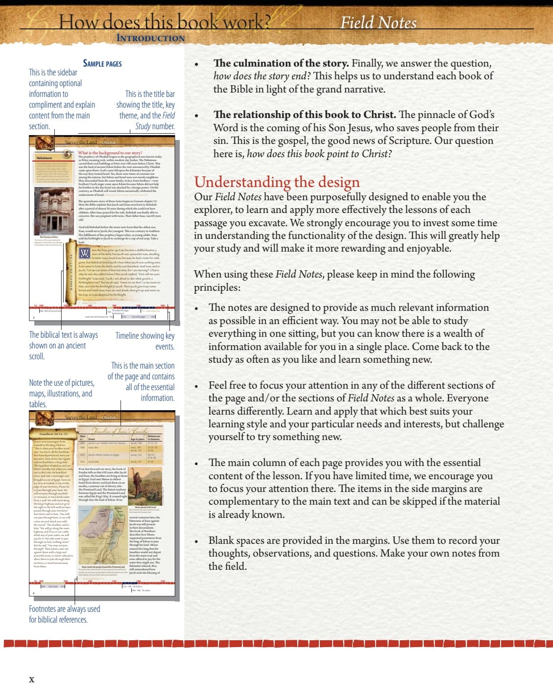Annotated Field Notes page explaining how a study combines biblical text, teaching, sidebars, images, maps, timelines, and footnotes