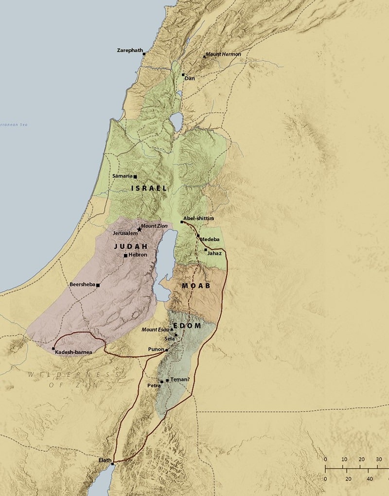 Map of Israel's requested route through Edom along the King's Highway and the route taken around Edom