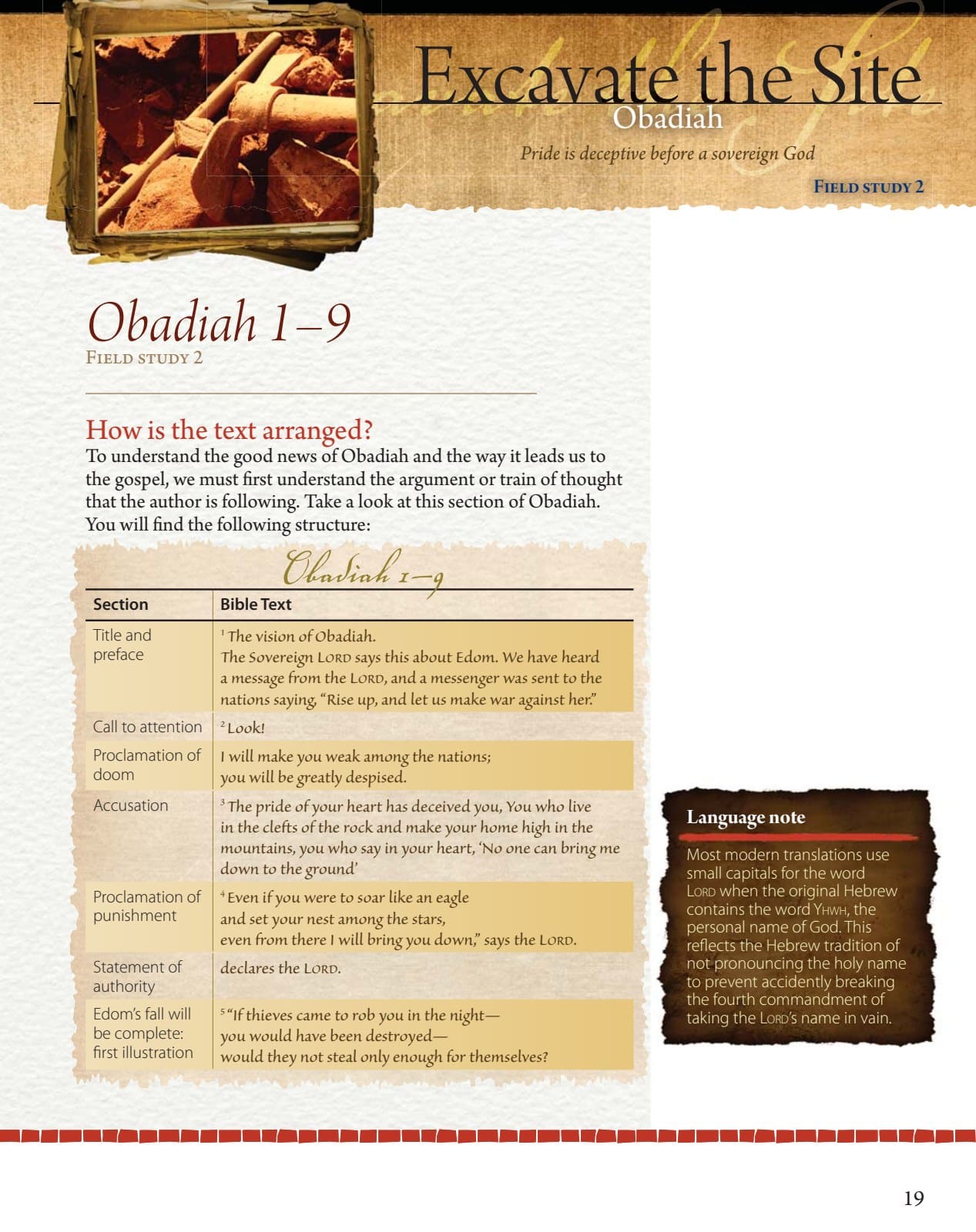 Field Notes page explaining the structure of Obadiah 1–9 and Edom's pride