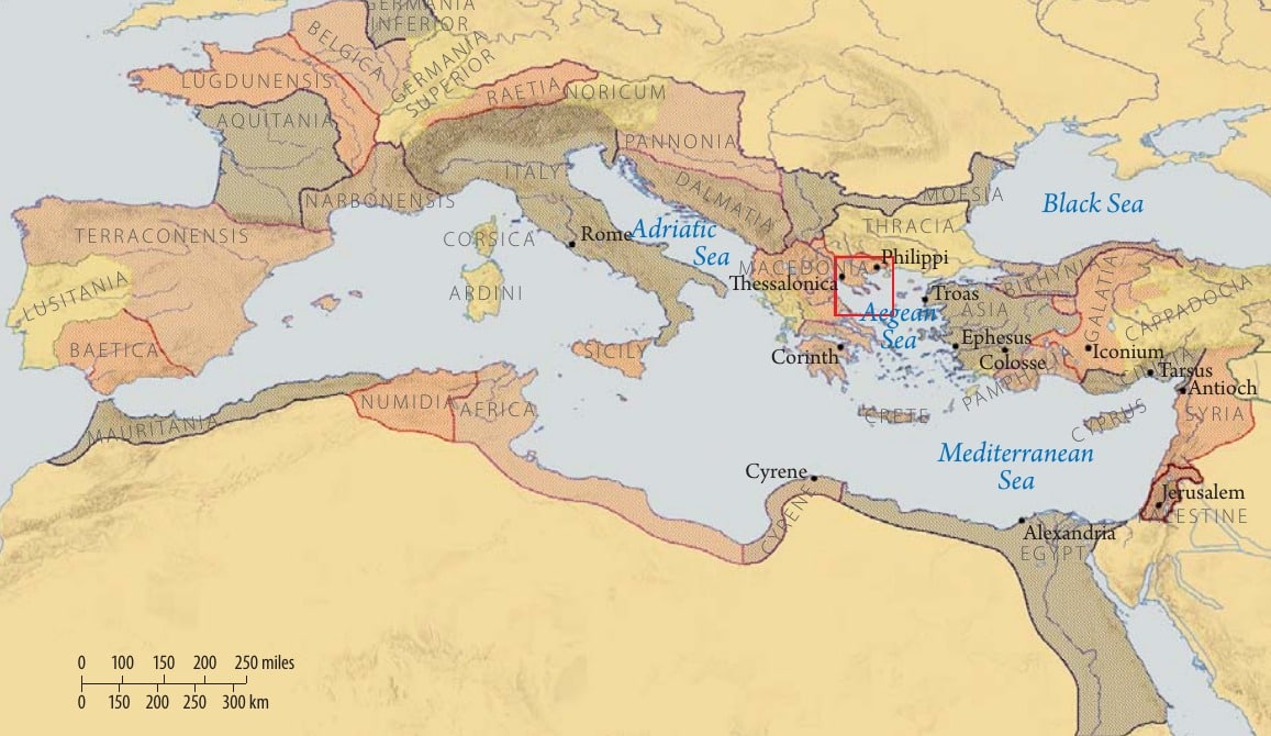 Map of the Roman Empire showing Rome, Philippi, Jerusalem, and the Mediterranean